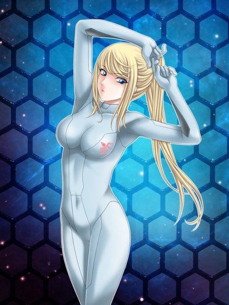 Anime picture 1200x1600 with metroid nintendo samus aran tamamon single long hair tall image blue eyes blonde hair ponytail covered navel girl bodysuit zero suit