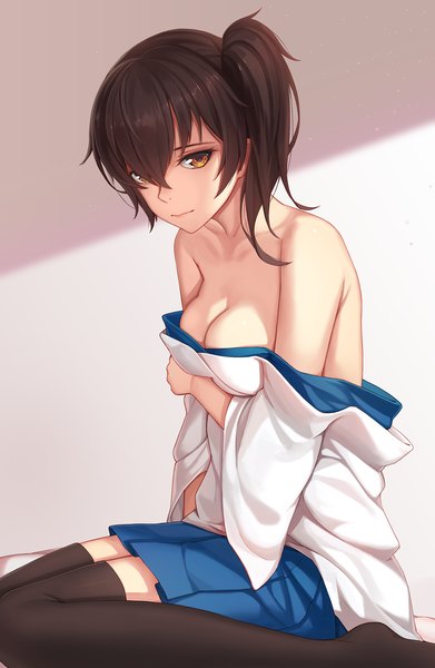 Anime picture 1200x1840 with kantai collection kaga aircraft carrier nian (zhanian) single tall image looking at viewer short hair breasts light erotic black hair sitting bare shoulders brown eyes open clothes no shoes side ponytail girl thighhighs skirt black thighhighs