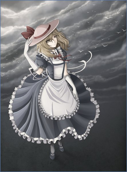 Anime picture 1376x1860 with touhou kana anaberal stainglass (artist) single tall image blonde hair brown eyes girl dress gloves hat animal elbow gloves bird (birds) apron