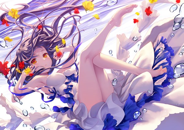 Anime picture 1200x849 with original geroro single long hair looking at viewer blush breasts bare shoulders purple hair full body parted lips barefoot bare legs :o armpit (armpits) orange eyes sleeveless crossed legs underwater leg lift (legs lift)