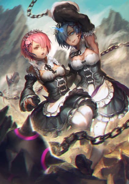 Anime picture 1054x1500 with re:zero kara hajimeru isekai seikatsu white fox rem (re:zero) ram (re:zero) xiansheng tall image fringe short hair breasts blue eyes smile multiple girls blue hair looking away pink hair bent knee (knees) outdoors blunt bangs pink eyes arm up