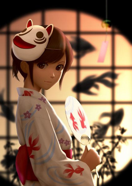Anime picture 1753x2480 with original siraha single tall image highres short hair black hair brown eyes absurdres japanese clothes light smile 3d girl belt kimono fan fox mask