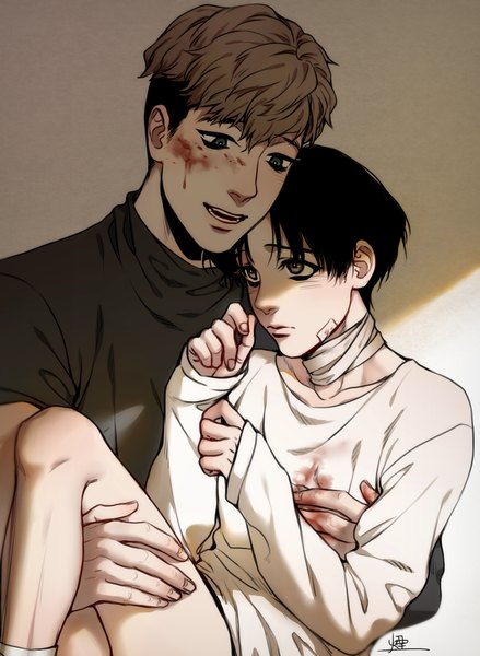 Anime picture 1268x1735 with killing stalking oh sangwoo yoon bum aoi fade tall image fringe short hair open mouth black hair hair between eyes brown hair green eyes bent knee (knees) multicolored hair lips multiple boys grey eyes shounen ai carrying blood stains