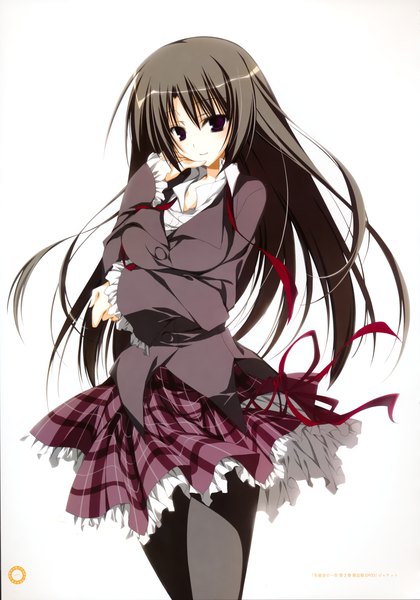 Anime picture 2445x3493 with seitokai no ichizon akaba chizuru inugami kira single long hair tall image looking at viewer highres black hair simple background white background purple eyes scan girl skirt uniform school uniform