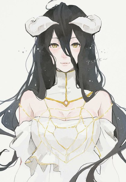 Anime picture 800x1149 with overlord (maruyama) madhouse albedo (overlord) tae (artist) single long hair tall image looking at viewer breasts black hair simple background smile bare shoulders signed yellow eyes ahoge long sleeves parted lips horn (horns) light smile