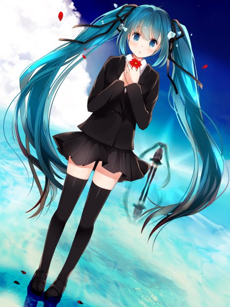 Anime picture 960x1280 with vocaloid hatsune miku izumil tall image looking at viewer blush blue eyes twintails sky cloud (clouds) very long hair aqua hair zettai ryouiki reflection solo focus back to back dual persona girl thighhighs skirt