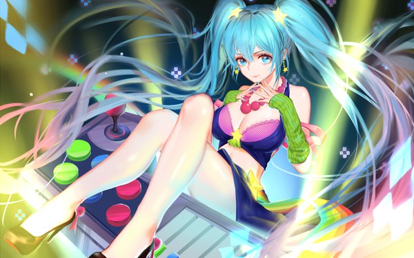 Anime picture 2880x1800 with league of legends sona buvelle qidai single fringe highres light erotic hair between eyes twintails bare shoulders cleavage very long hair nail polish aqua eyes aqua hair high heels legs crossed legs girl hair ornament