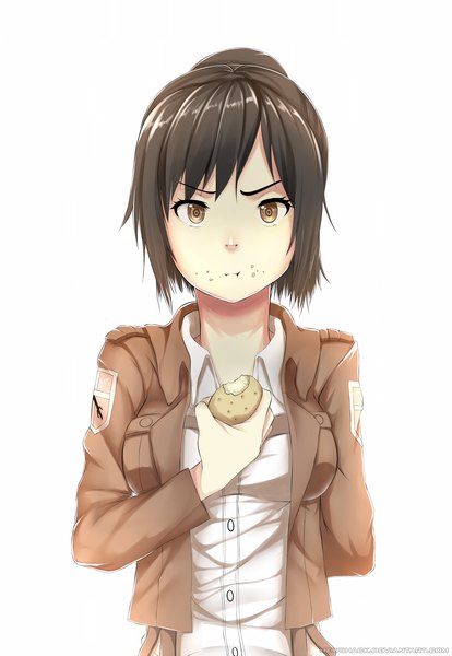 Anime picture 1446x2096 with shingeki no kyojin production i.g sasha blouse hews single tall image short hair black hair simple background white background brown eyes open clothes open jacket eating girl