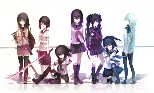 Anime picture 2933x1770 with original ogipote long hair fringe highres short hair blue eyes black hair smile red eyes wide image purple eyes twintails multiple girls silver hair looking back hair over one eye shadow orange eyes torn clothes