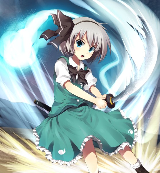 Anime picture 1300x1400 with touhou konpaku youmu xjr1250 single tall image looking at viewer short hair open mouth blue eyes grey hair magic ghost girl skirt bow weapon hair bow miniskirt shirt sword