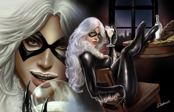 Anime picture 1224x792 with marvel comics black cat (felicia hardy) cris delara single long hair looking at viewer green eyes white hair lips girl bodysuit wine glass milk