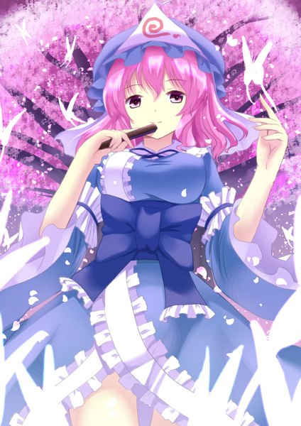 Anime picture 764x1080 with touhou saigyouji yuyuko hakuto (28syuku) single tall image looking at viewer short hair pink hair pink eyes cherry blossoms girl dress bow plant (plants) petals tree (trees) insect butterfly bonnet closed fan