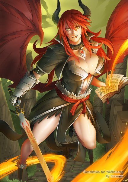 Anime picture 1024x1448 with exaxuxer single long hair tall image looking at viewer fringe breasts light erotic smile large breasts yellow eyes red hair horn (horns) demon girl girl weapon sword wings armor book (books)