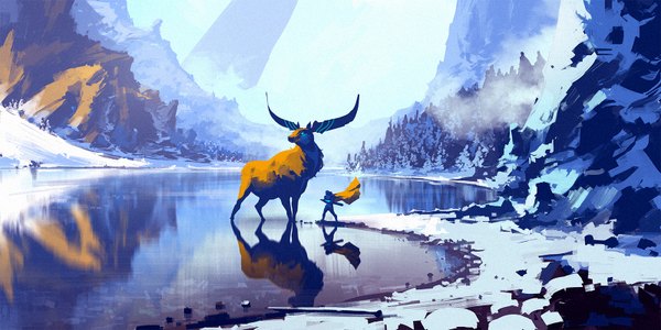 Anime picture 1600x800 with duelyst anton fadeev single wide image reflection winter snow mountain nature fog lake glowing weapon warrior ambiguous gender giant animal concept art boy weapon animal tree (trees)