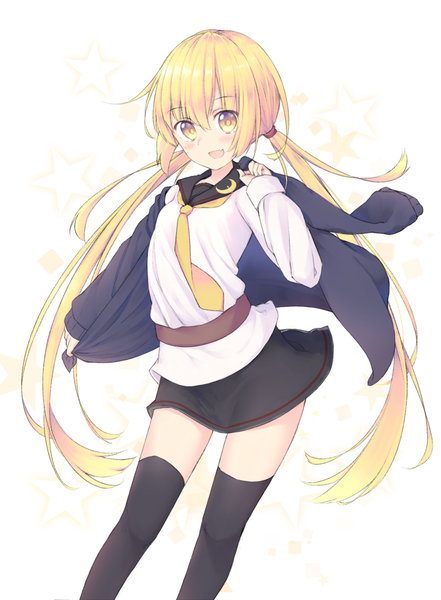 Anime picture 809x1100 with kantai collection satsuki destroyer kawami nami single long hair tall image blush fringe open mouth simple background blonde hair smile hair between eyes white background twintails holding yellow eyes looking away :d open clothes