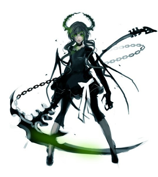 Anime picture 716x800 with black rock shooter dead master muju single long hair tall image looking at viewer black hair standing white background holding green eyes parted lips horn (horns) demon wings girl dress bow weapon wings