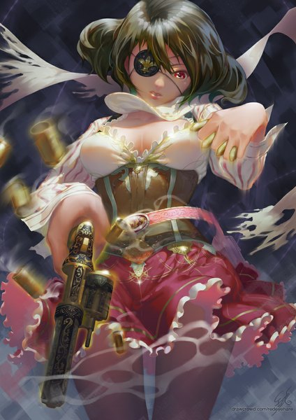 Anime picture 707x1000 with original black light redeyehare single tall image looking at viewer short hair red eyes brown hair girl dress weapon belt gun cape eyepatch shell casing