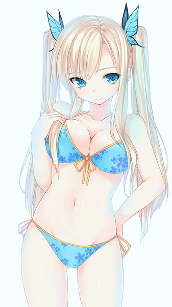 Anime picture 862x1532 with boku wa tomodachi ga sukunai kashiwazaki sena caidychen single long hair tall image looking at viewer breasts blue eyes light erotic simple background blonde hair twintails groin ass visible through thighs girl navel hair ornament swimsuit bikini