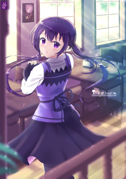 Anime picture 1024x1448 with gochuumon wa usagi desu ka? white fox tedeza rize chinchongcha single long hair tall image looking at viewer fringe hair between eyes standing twintails purple eyes holding purple hair indoors looking back sunlight low twintails sunbeam