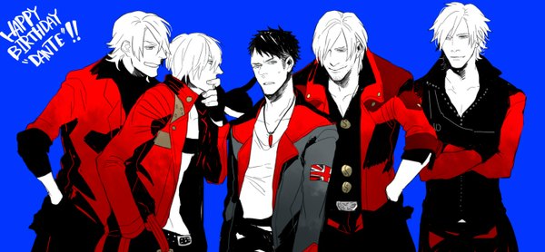 Anime picture 1400x650 with devil may cry dante (devil may cry) short hair black hair simple background smile wide image white hair inscription open clothes open jacket multiple boys grey eyes hand on hip blue background crossed arms open collar hand in pocket twisty sleeves parody