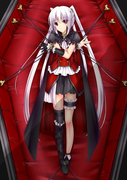 Anime picture 2480x3508 with original shouyan single tall image looking at viewer highres red eyes twintails white hair very long hair bondage girl thighhighs dress gloves black gloves frills single thighhigh