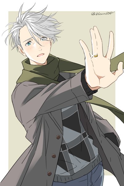 Anime picture 804x1200 with yuri!!! on ice mappa viktor nikiforov natsuko (bluecandy) single tall image short hair open mouth blue eyes simple background silver hair from above sparkle outstretched arm hand in pocket boy scarf sweater ring coat