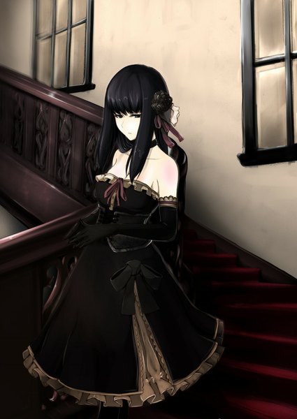 Anime picture 726x1024 with original erise single long hair tall image black hair bare shoulders hair flower black eyes looking down girl dress gloves hair ornament flower (flowers) elbow gloves window stairs