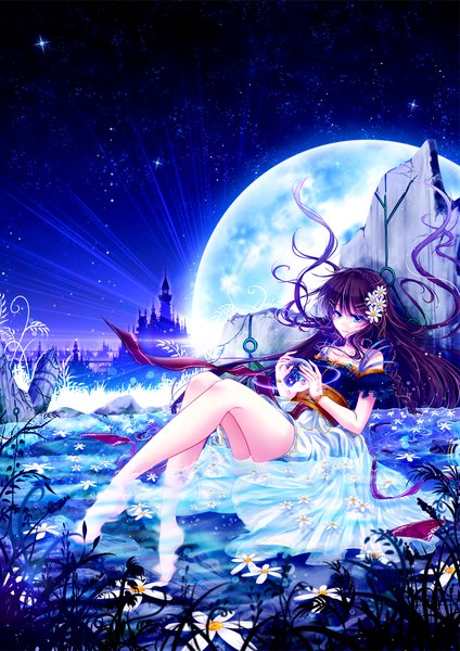 Anime picture 1077x1524 with original mokoppe single long hair tall image fringe blue eyes brown hair bare shoulders barefoot hair flower light smile night bare legs no shoes night sky reclining girl hair ornament flower (flowers)