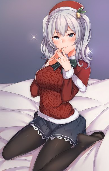 Anime picture 1185x1843 with kantai collection kashima training cruiser inuhasiru single long hair tall image looking at viewer blush blue eyes smile sitting silver hair pleated skirt sparkle wariza hair bell fingers together girl skirt pantyhose