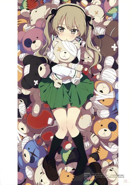 Anime picture 2458x3500 with girls und panzer milky been! (ogipote) - chara pack 2017 (artbook) shimada arisu boko (girls und panzer) ogipote single long hair tall image looking at viewer fringe highres brown hair twintails holding brown eyes full body lying long sleeves parted lips pleated skirt