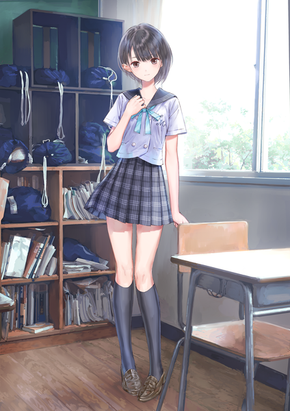 Anime picture 2893x4092 with blue reflection gust (company) shirai hinako kishida mel single tall image looking at viewer blush fringe highres short hair black hair standing brown eyes full body blunt bangs pleated skirt official art hand on chest plaid skirt