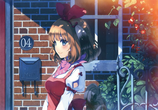 Anime picture 3300x2313 with original eshi 100-nin ten misaki kurehito single looking at viewer blush highres short hair blue eyes smile brown hair absurdres scan girl dress flower (flowers) bow hair bow window leaf (leaves)