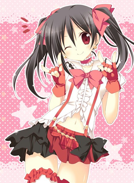 Anime picture 800x1092 with love live! school idol project sunrise (studio) love live! yazawa nico korie riko single long hair tall image looking at viewer black hair smile red eyes twintails one eye closed wink mmm girl dress gloves bow