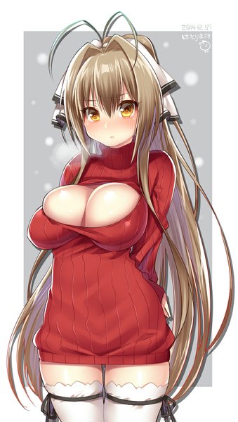 Anime picture 600x1061 with amagi brilliant park kyoto animation sento isuzu hattori (junoct2000) single long hair tall image blush breasts light erotic brown hair large breasts yellow eyes ahoge embarrassed hands behind back girl thighhighs bow hair bow