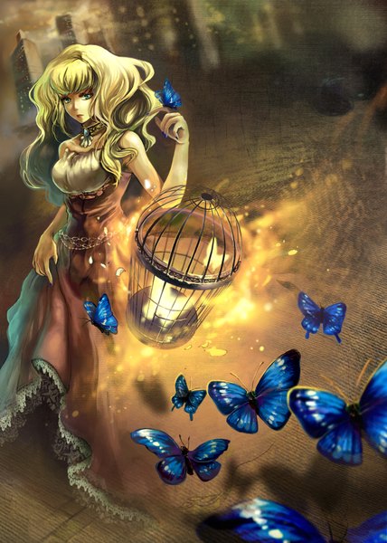Anime picture 2436x3415 with original saya (mychristian2) single long hair tall image fringe highres blue eyes bare shoulders looking away nail polish green hair butterfly on hand girl dress petals insect butterfly necklace cage