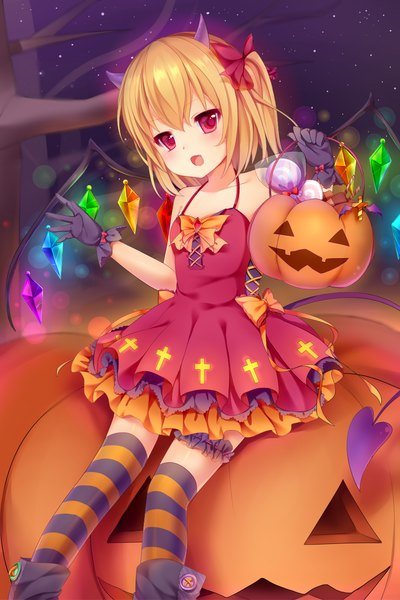 Anime picture 900x1349 with touhou flandre scarlet nachi single tall image looking at viewer blush short hair open mouth blonde hair red eyes bare shoulders tail horn (horns) one side up halloween girl thighhighs dress gloves