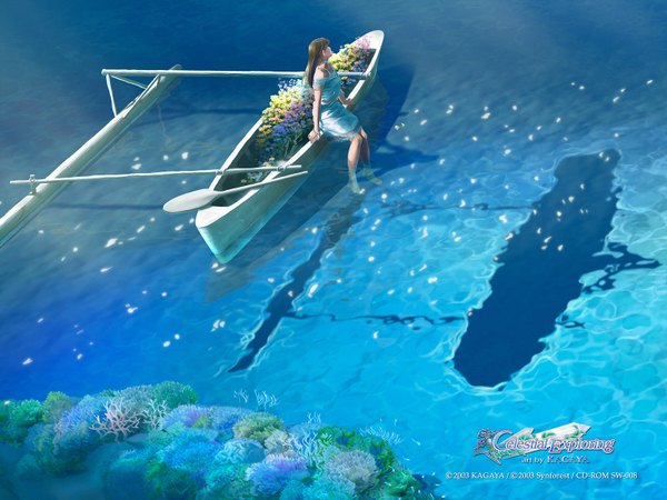 Anime picture 1600x1200 with kagaya realistic reflection landscape 3d girl flower (flowers) water sea watercraft boat