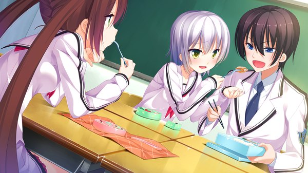 Anime picture 1280x720 with ichiban janakya dame desu ka? (game) long hair short hair open mouth blue eyes black hair brown hair wide image twintails multiple girls green eyes game cg white hair eating girl boy uniform 2 girls school uniform food