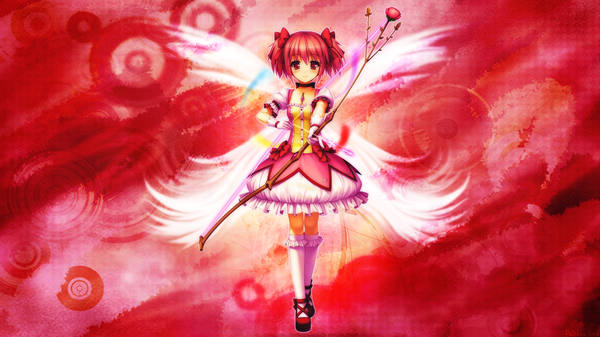 Anime picture 1600x900 with mahou shoujo madoka magica shaft (studio) kaname madoka single blush short hair smile red eyes wide image twintails red hair short twintails girl dress flower (flowers) bow hair bow bow (weapon)