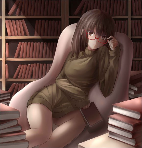 Anime picture 3463x3587 with original nicoby single long hair tall image looking at viewer highres black hair brown eyes absurdres girl glasses book (books) sweater shelf bookshelf