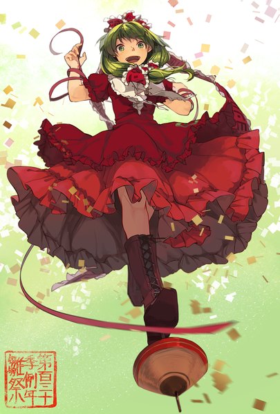 Anime picture 826x1223 with touhou kagiyama hina hichiko single long hair tall image looking at viewer open mouth green eyes green hair from below spread arms girl dress bow ribbon (ribbons) hair bow frills knee boots red dress