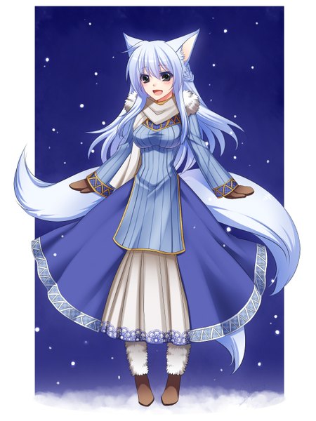 Anime picture 1080x1440 with original konshin single long hair tall image blush open mouth animal ears blue hair tail animal tail black eyes snowing girl dress winter clothes