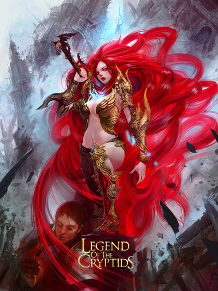 Anime picture 1000x1333 with legend of the cryptids rupid79 (artist) single tall image light erotic red eyes looking away red hair very long hair realistic lipstick destruction girl weapon sword armor corpse