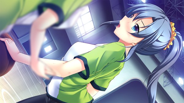Anime picture 1280x720 with tsukue otome long hair blush open mouth blue eyes wide image blue hair game cg ponytail girl uniform gym uniform ball basketball ball