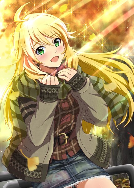 Anime picture 1100x1540 with idolmaster hoshii miki hina (araburu-hinadori) single long hair tall image looking at viewer blush open mouth blonde hair sitting green eyes girl skirt scarf striped scarf