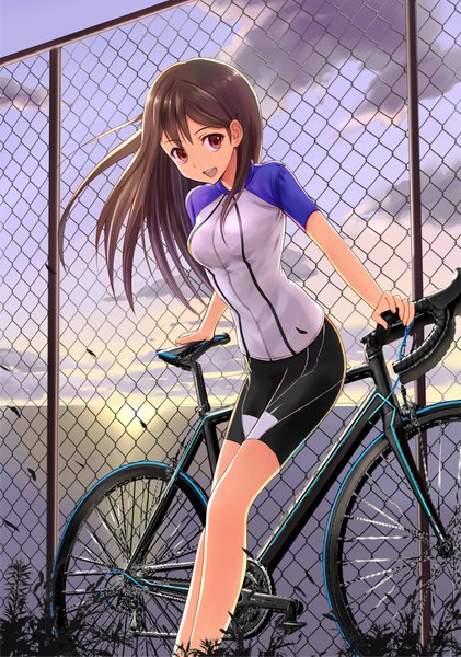 Anime picture 1400x1995 with original tsumiwara single long hair tall image looking at viewer fringe breasts open mouth red eyes brown hair large breasts standing outdoors wind leaning leaning forward horizon sunrise girl