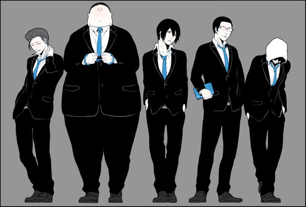 Anime picture 1554x1050 with kangoku gakuen fujino kiyoshi wakamoto shingo andou reiji morokuzu takehito nezu jouji asarai blush fringe short hair blue eyes simple background smile hair between eyes standing looking away eyes closed grey background multiple boys leaning