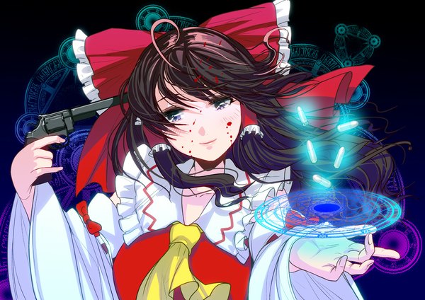 Anime picture 1000x707 with touhou hakurei reimu masao single long hair fringe smile holding traditional clothes magic glowing girl bow weapon hair bow detached sleeves gun blood large bow magic circle