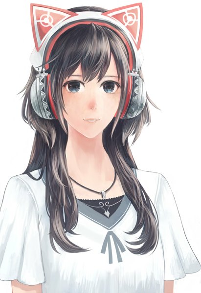 Anime picture 768x1120 with original bounin single long hair tall image looking at viewer black hair simple background white background animal ears black eyes cat ears girl headphones pendant cat ear headphones