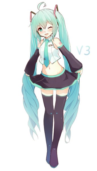 Anime picture 569x1000 with vocaloid hatsune miku takanashi kei (hitsujikan) single tall image looking at viewer blush fringe open mouth simple background standing white background twintails ahoge very long hair pleated skirt one eye closed aqua eyes wink aqua hair